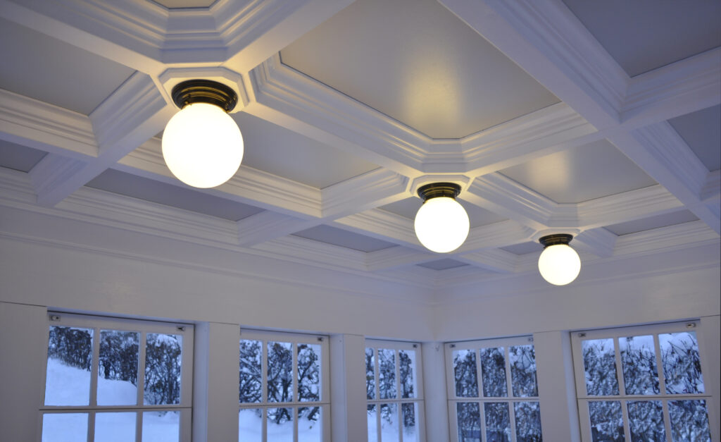 Coffered ceiling inside temple-like garden house.